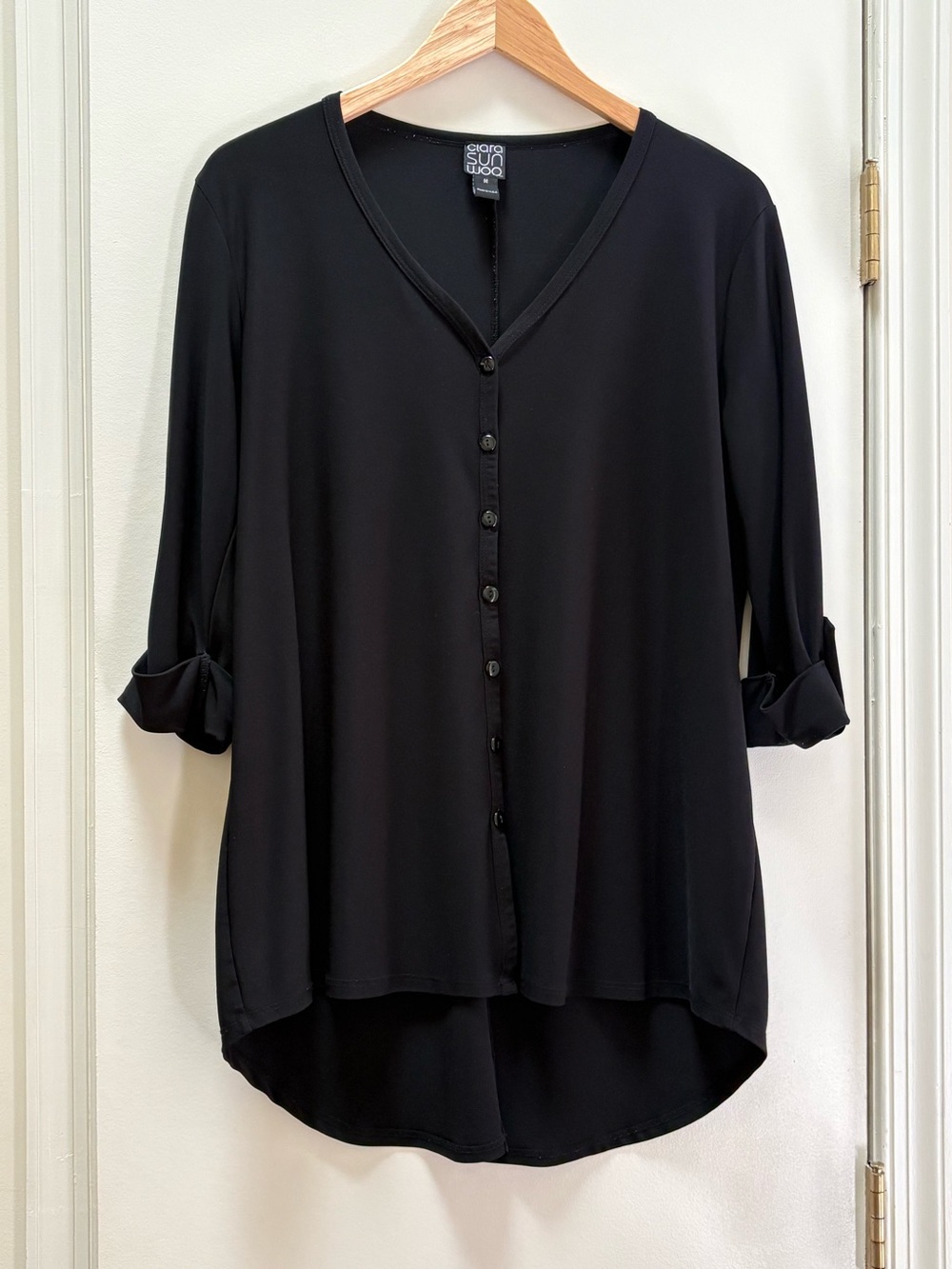 Clara Sun Woo Black Button-Front V-Neck Women's Tunic Top